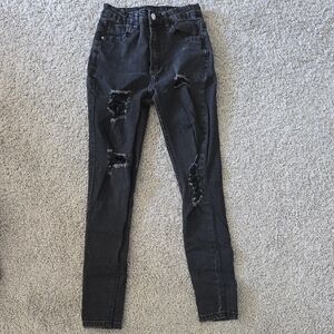 SHEIN High Rise Charcoal Distressed Jeans